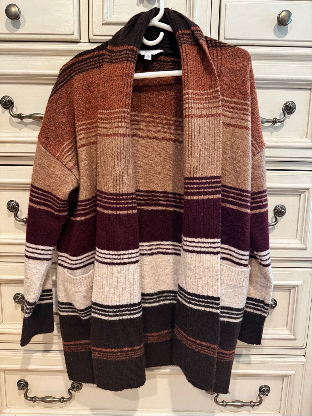 Time and Tru Striped Open-Front Cardigan Sweater - Brown, Cream, Burgundy